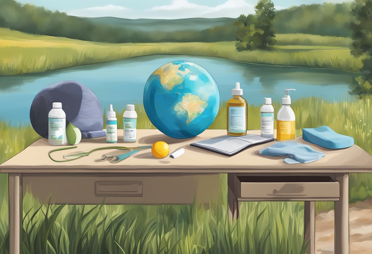 A table with essential doula tools and equipment, including a birthing ball, massage oils, a fetal doppler, and educational materials, set against a backdrop of Minnesota's natural landscape