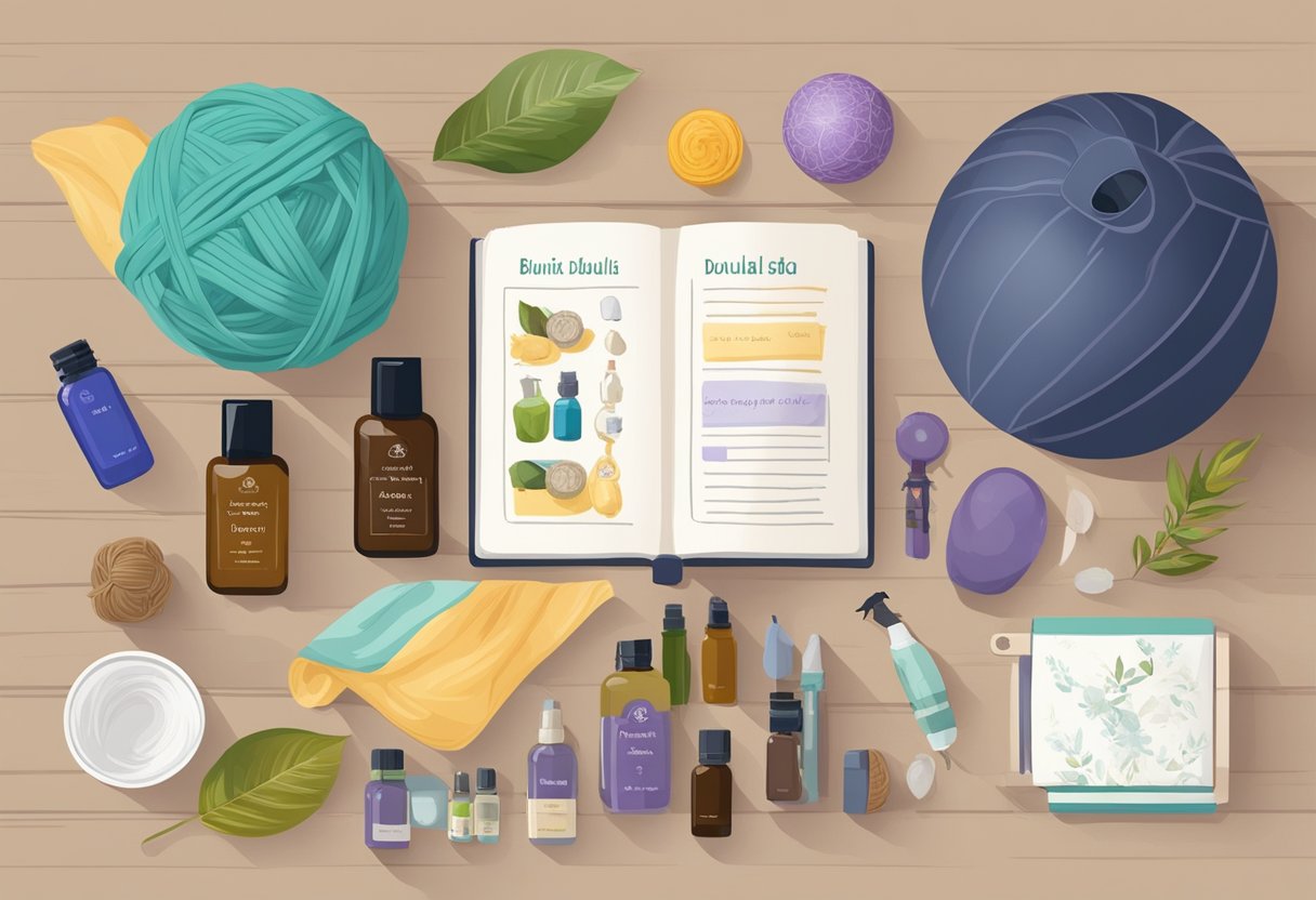 A doula's toolkit laid out on a table: birthing ball, massage oils, rebozo scarf, aromatherapy diffuser, educational materials