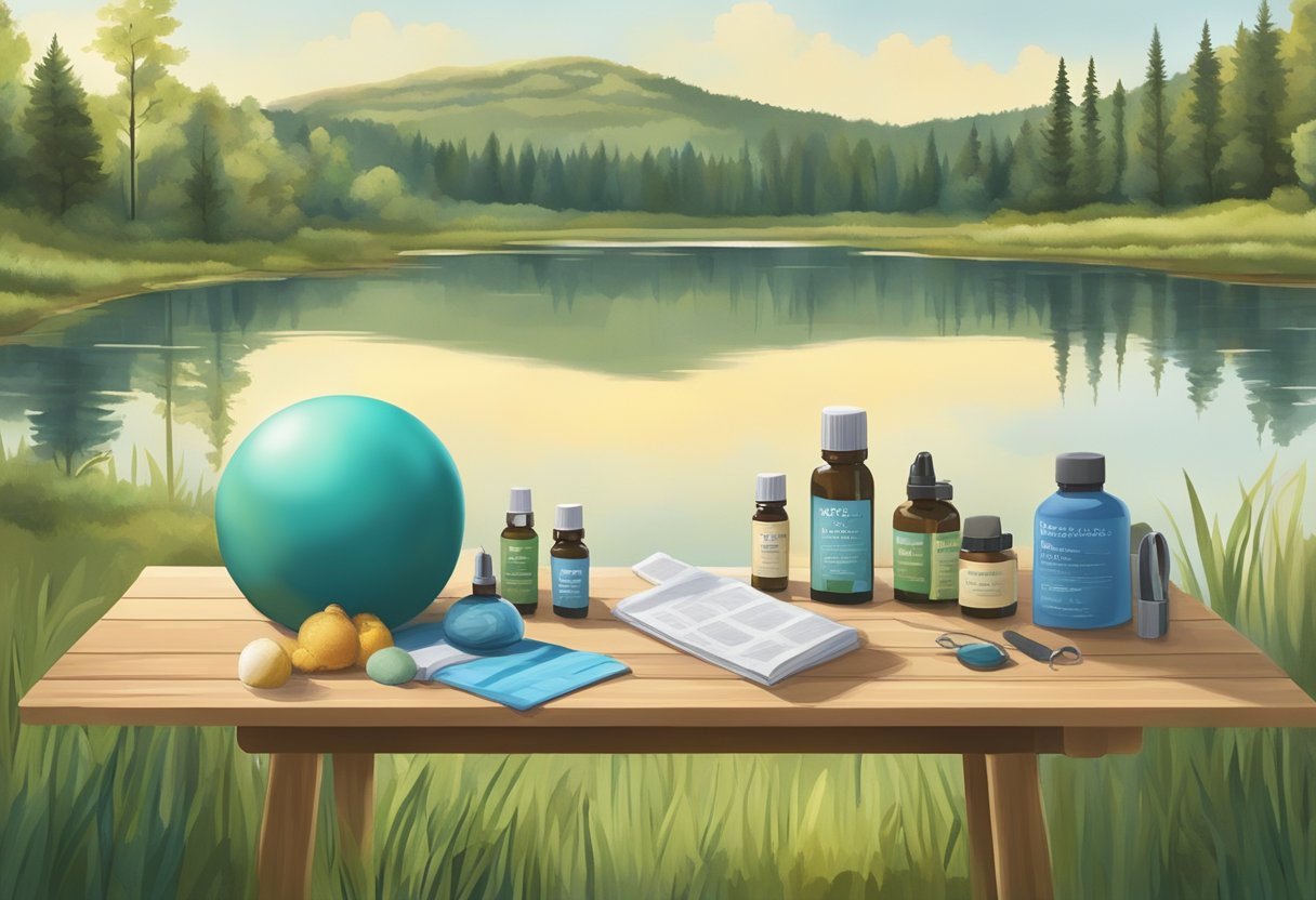 A table covered in doula equipment and tools, including a birth ball, massage oils, and educational materials, set against a backdrop of Minnesota's serene natural landscape