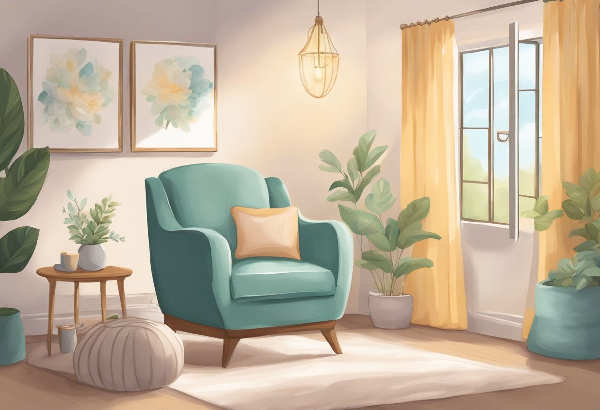 A serene birthing room with a comfortable chair, soft lighting, and soothing decor, creating a peaceful atmosphere for a doula to support a mother during labor