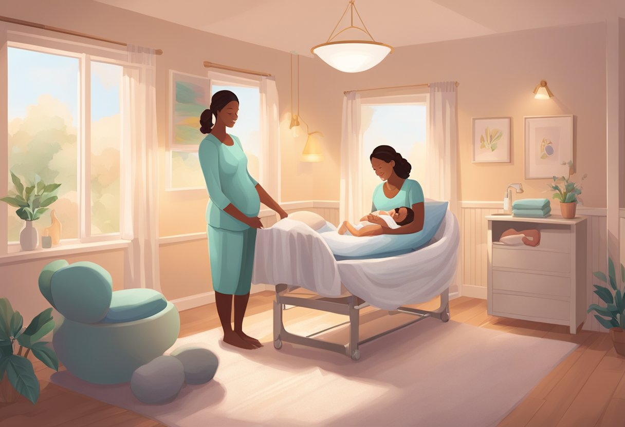 A serene birthing room with soft lighting, a comfortable birthing bed, and a supportive doula offering guidance and assistance to a laboring mother