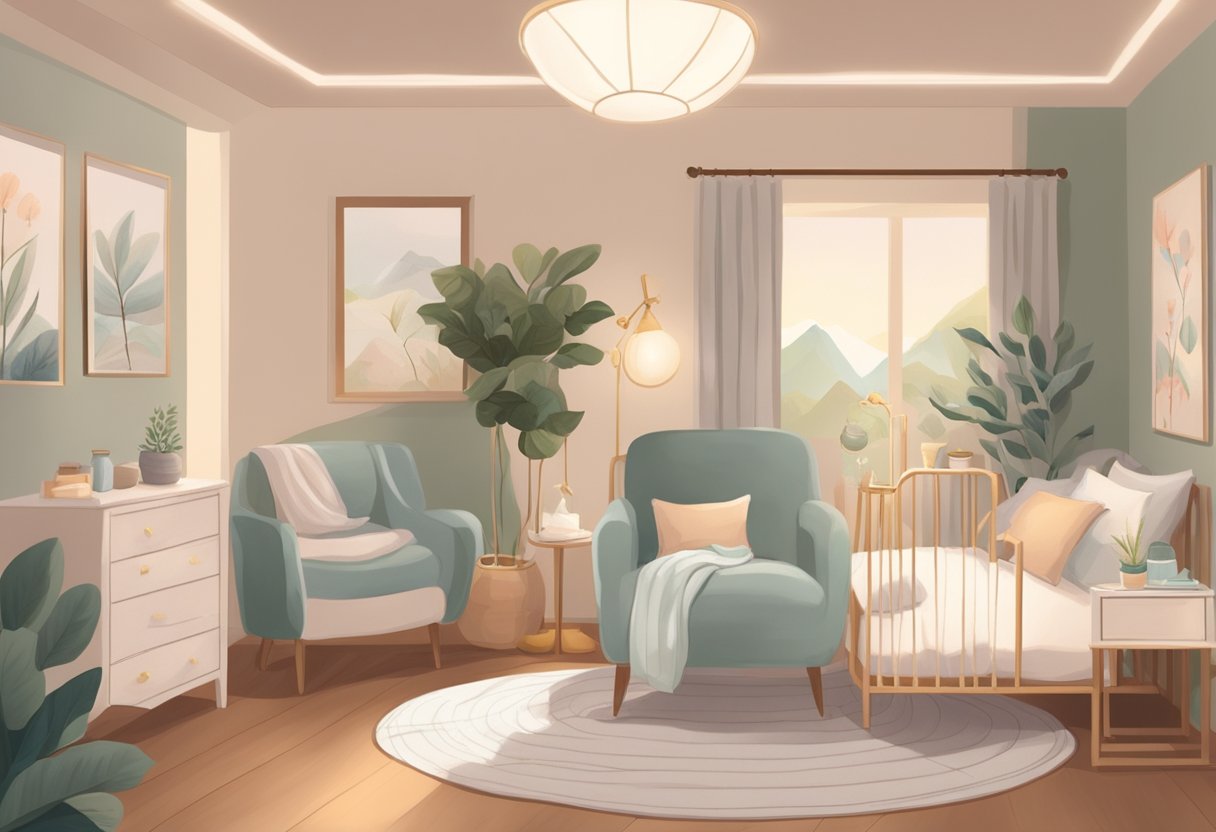 A serene birthing room with a comfortable bed, soft lighting, and soothing decor. A doula sits nearby offering support and guidance to the laboring mother