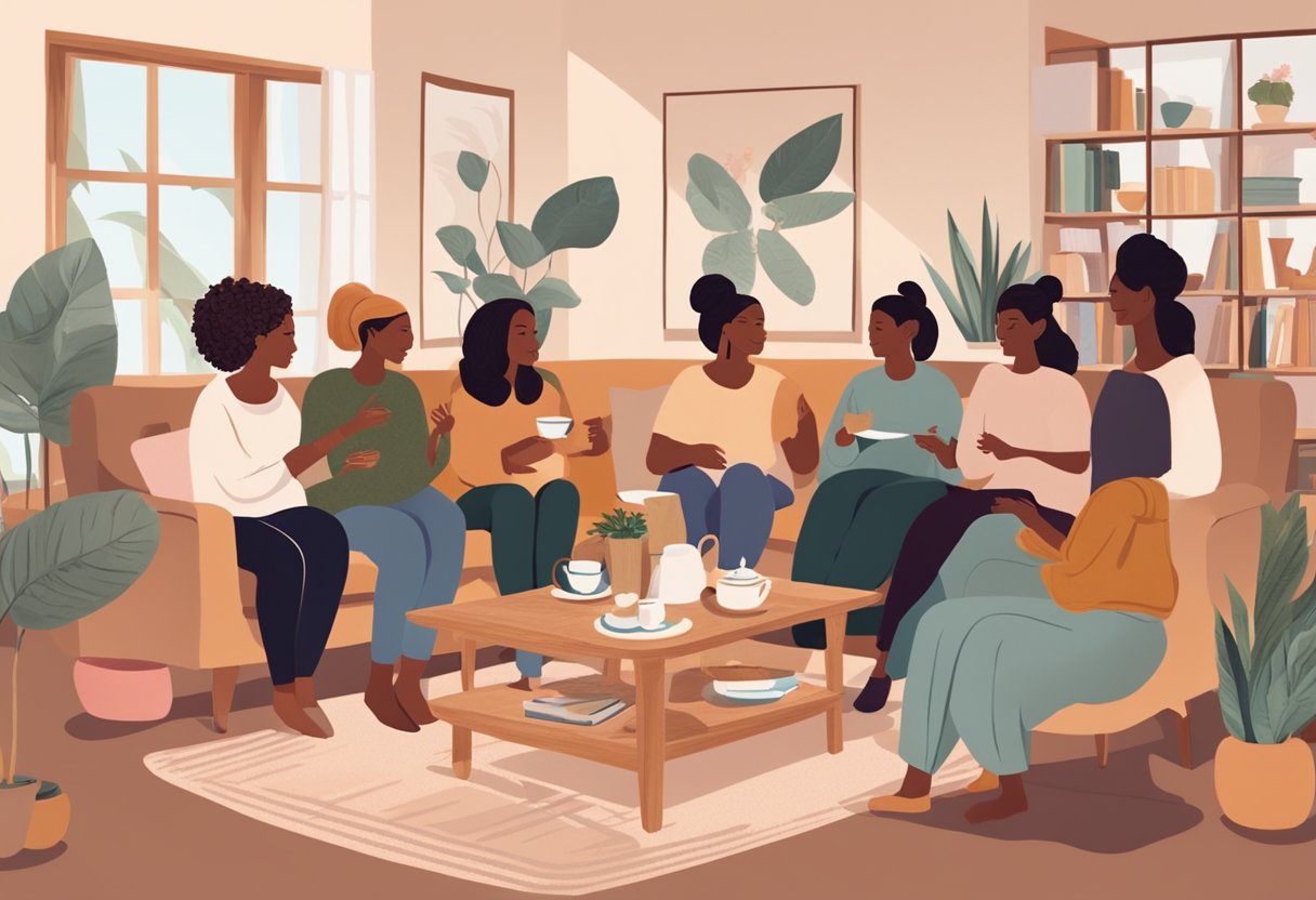 A group of doulas gather in a cozy living room, sharing stories and resources while sipping on warm cups of tea