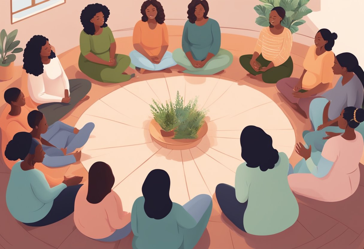 A group of doulas gather in a circle, offering support and guidance to expectant mothers in a cozy, welcoming space