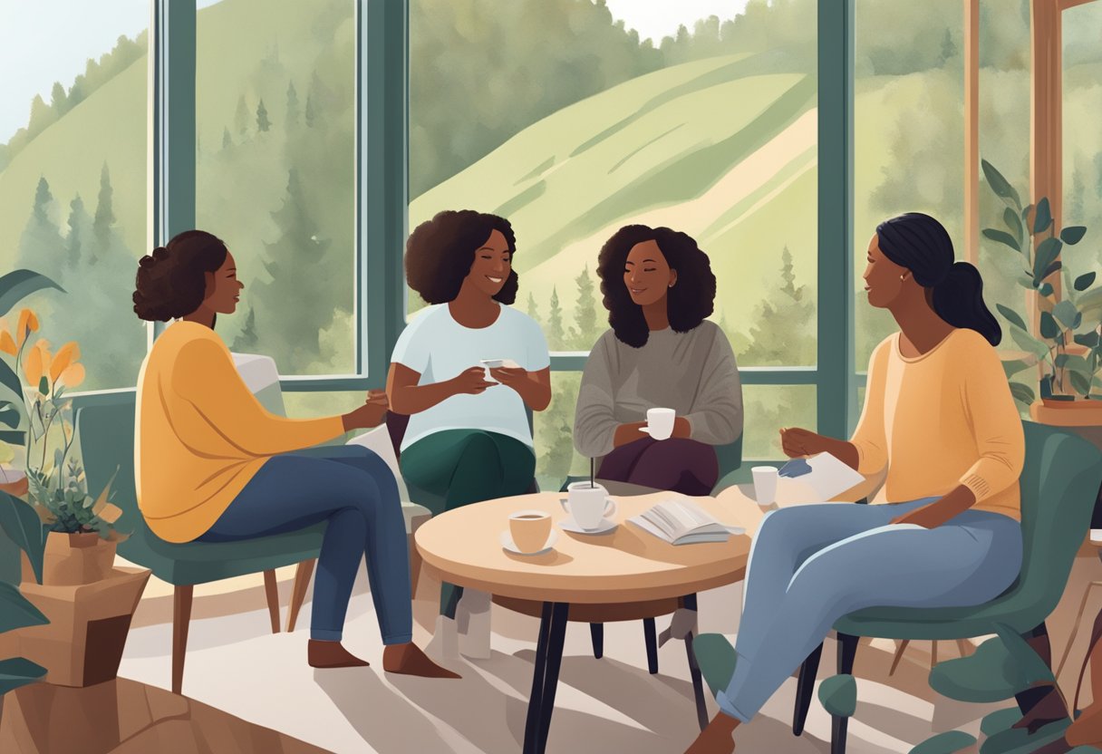 A group of doulas gather in a cozy coffee shop, sharing stories and resources while surrounded by Minnesota's serene natural landscape