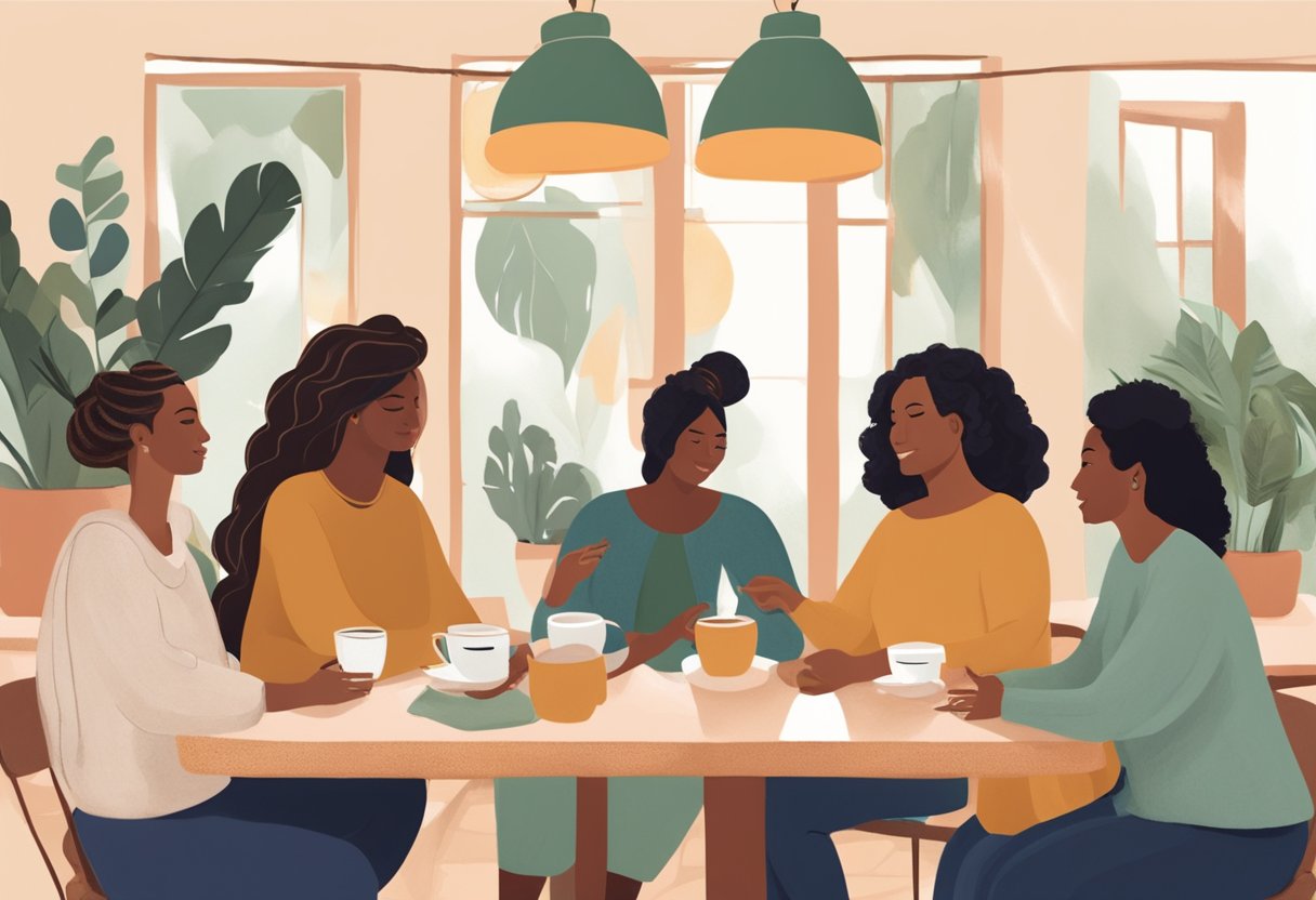 A group of doulas gather in a cozy coffee shop, sharing experiences and advice while surrounded by warm, supportive decor