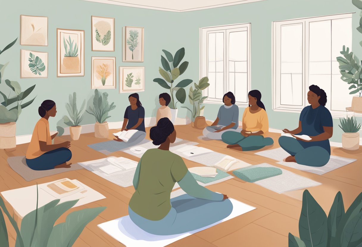 A serene doula workshop with students learning and practicing techniques, surrounded by calming decor and educational materials