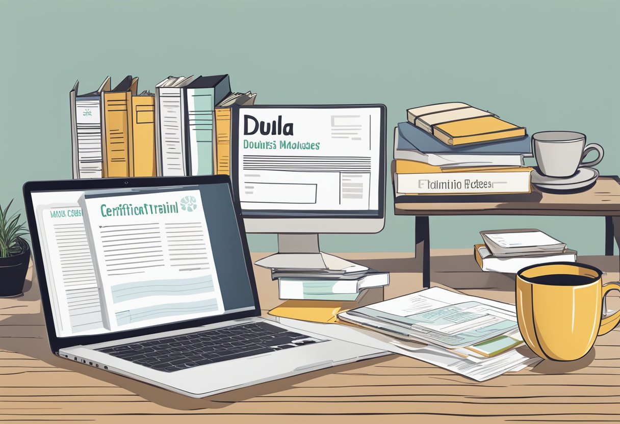 A doula's training materials, certification documents, and career resources spread out on a desk with a laptop and a cup of coffee nearby