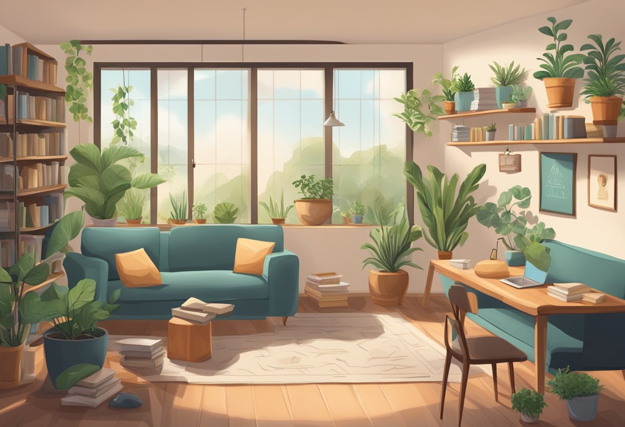 A serene room with a cozy atmosphere, filled with books, a laptop, and a notepad. A certification diploma hangs on the wall, surrounded by plants and calming decor