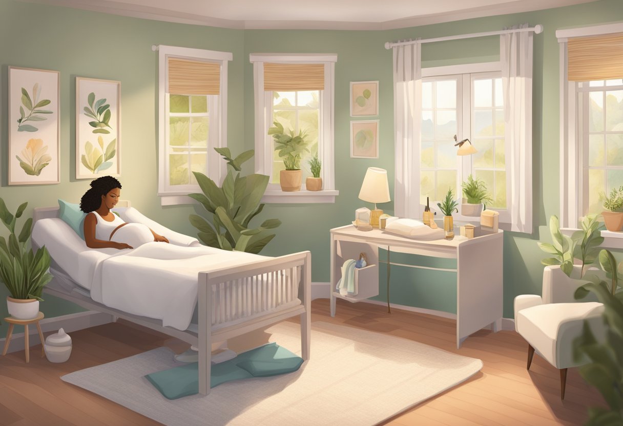 A serene birthing room with a comfortable, home-like atmosphere. A doula providing support to a laboring mother, surrounded by calming essential oils and soft music