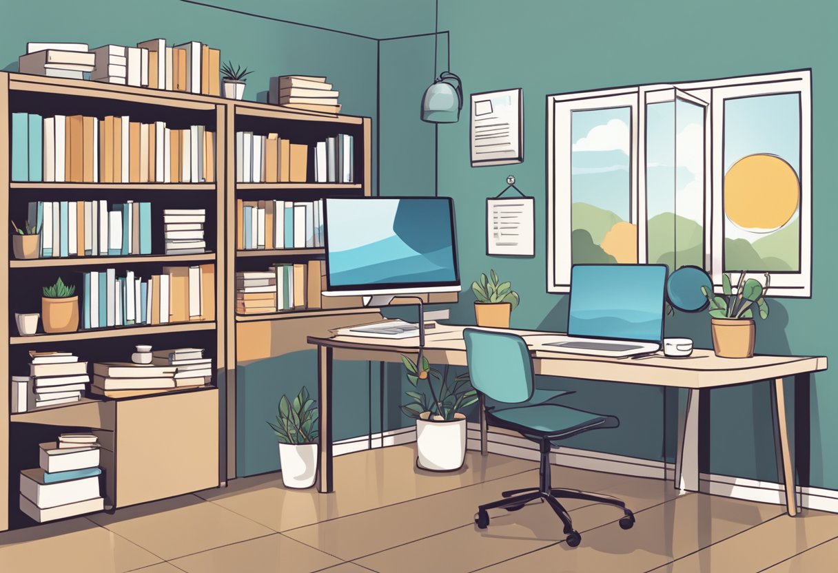 A cozy office with a desk, computer, and shelves filled with books on doula training and certification. A calendar on the wall displays upcoming workshops and seminars