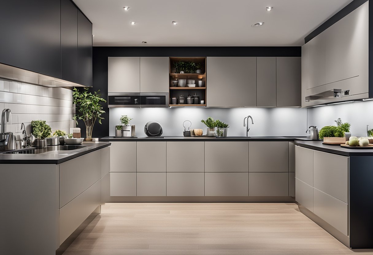 A spacious, well-lit kitchen with sleek, modular cabinets and countertops. Various storage compartments and built-in appliances are neatly organized for efficiency