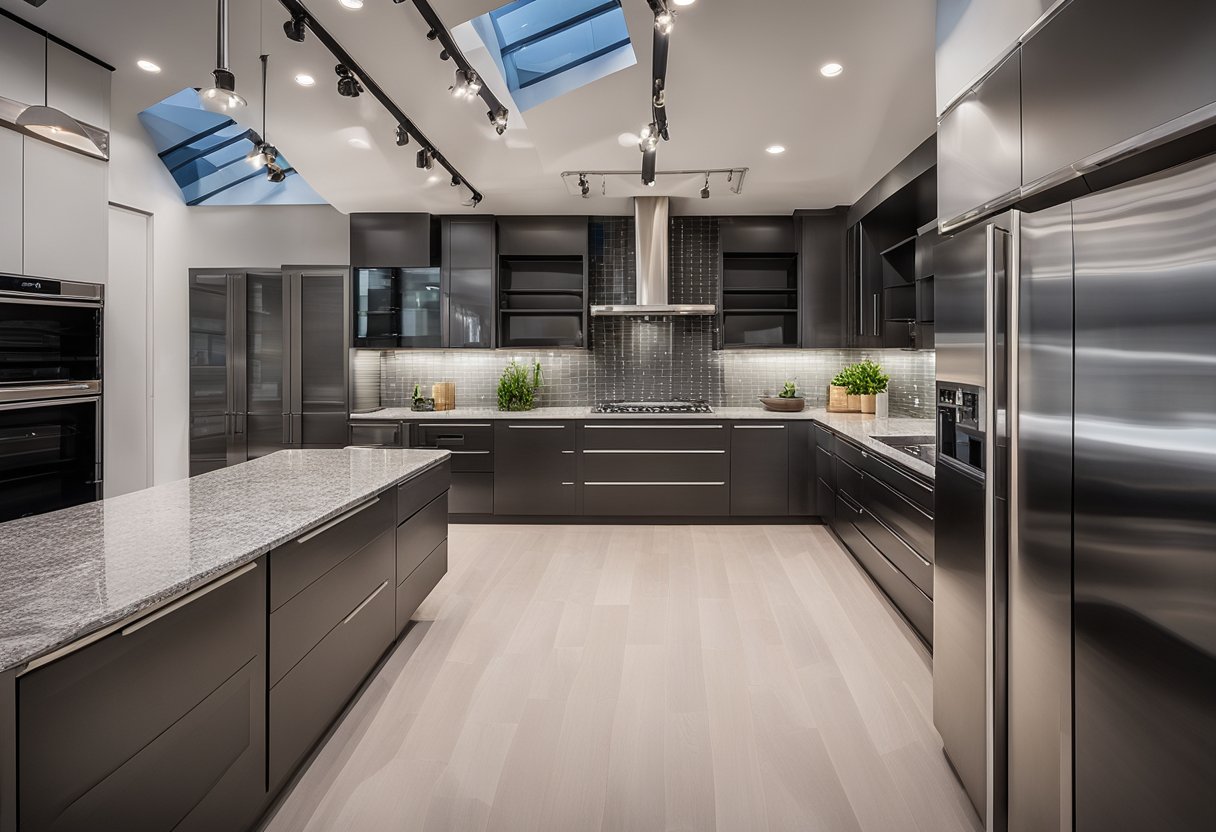 A variety of sleek and modern kitchen materials displayed in a showroom setting, including glossy cabinets, granite countertops, and stainless steel appliances