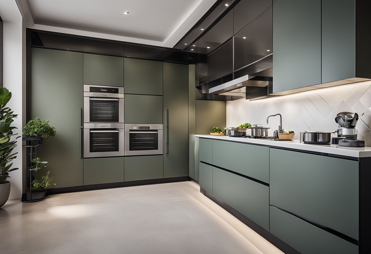 A modern modular kitchen with sleek color schemes and visual texture, featuring clean lines, integrated appliances, and organized storage