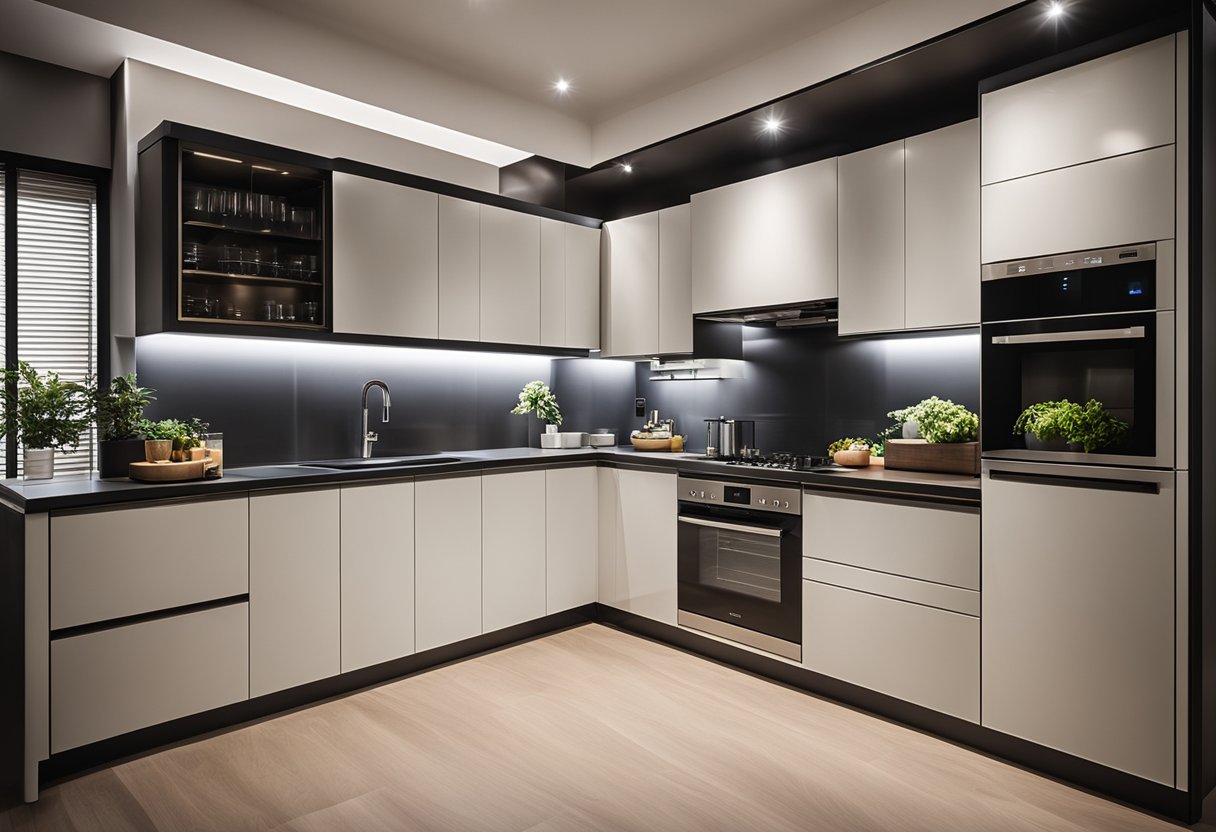 A modern modular kitchen with sleek, adjustable lighting design