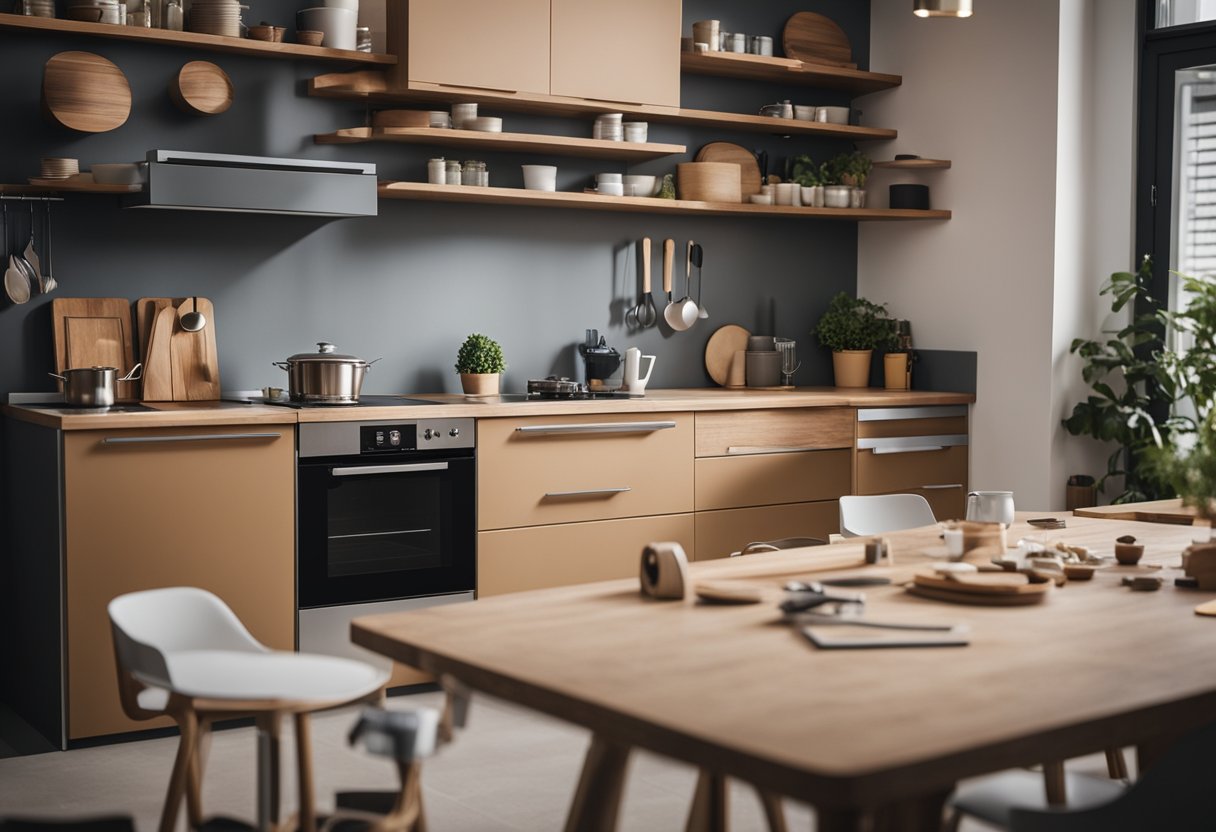 A modular kitchen being assembled with various components and tools scattered around the workspace