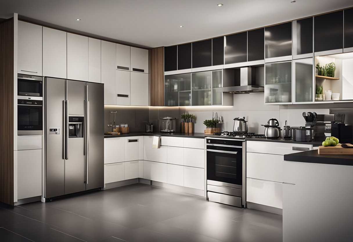 A kitchen with modular cabinets, appliances, and accessories, with price tags and calculators on the counter