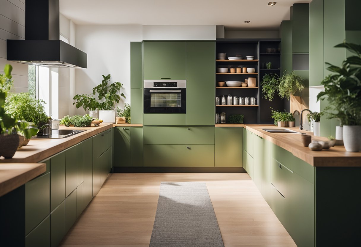 A modern kitchen with sustainable materials, energy-efficient appliances, and recycling bins. Green plants and natural light add to the eco-friendly atmosphere