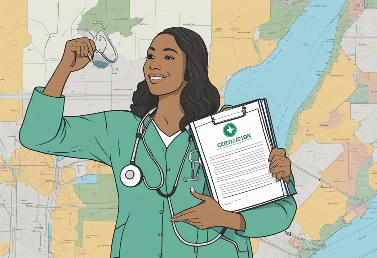 A doula holding a certification document in front of a map of New Jersey with a stethoscope and medical equipment nearby