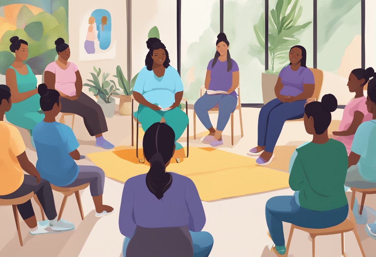 A serene setting with a doula leading a class, surrounded by expectant parents and colorful visual aids. The doula exudes confidence and knowledge as she educates the group