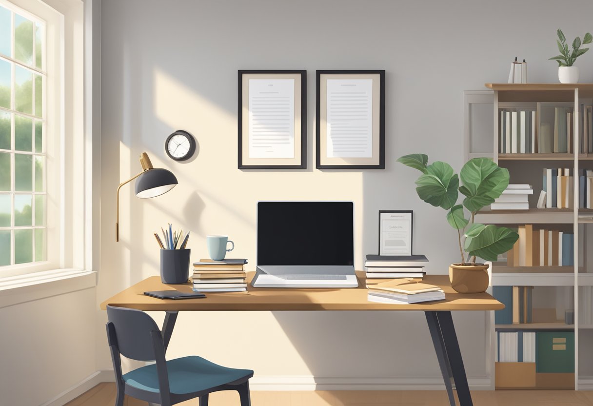 A serene, light-filled room with a table holding paperwork, a laptop, and a stack of books. A framed certificate hangs on the wall