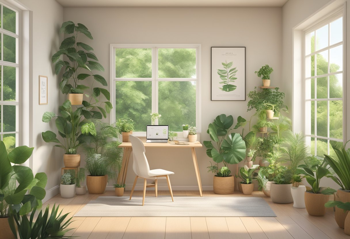 A serene, sunlit room with a table displaying a Doula certification program brochure, surrounded by lush green plants and calming decor