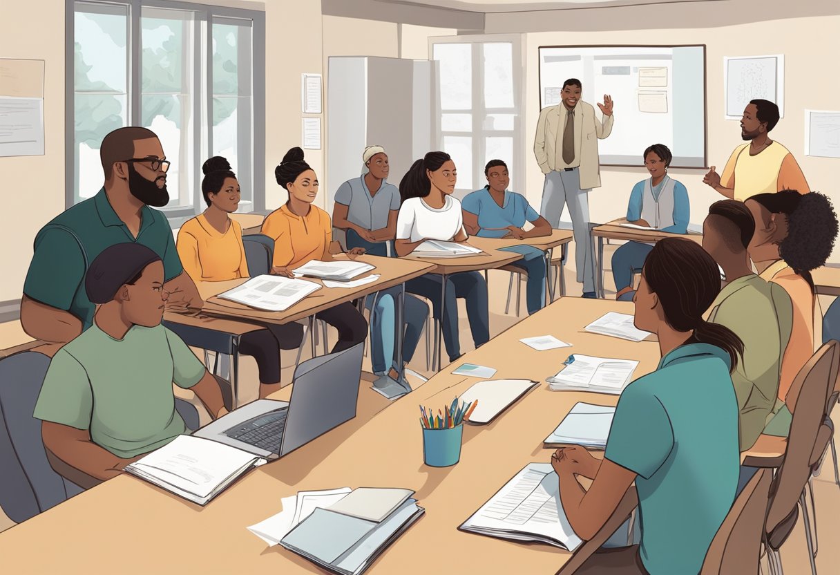 A group of diverse individuals gather in a classroom setting, engaged in discussion and learning. Visual aids and educational materials are displayed around the room