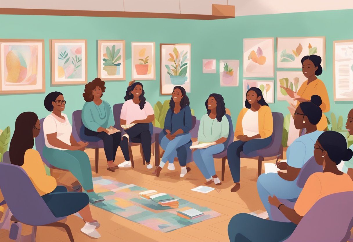 A group of doulas-in-training gather in a cozy classroom, surrounded by colorful posters and educational materials. The instructor leads a lively discussion at the front of the room