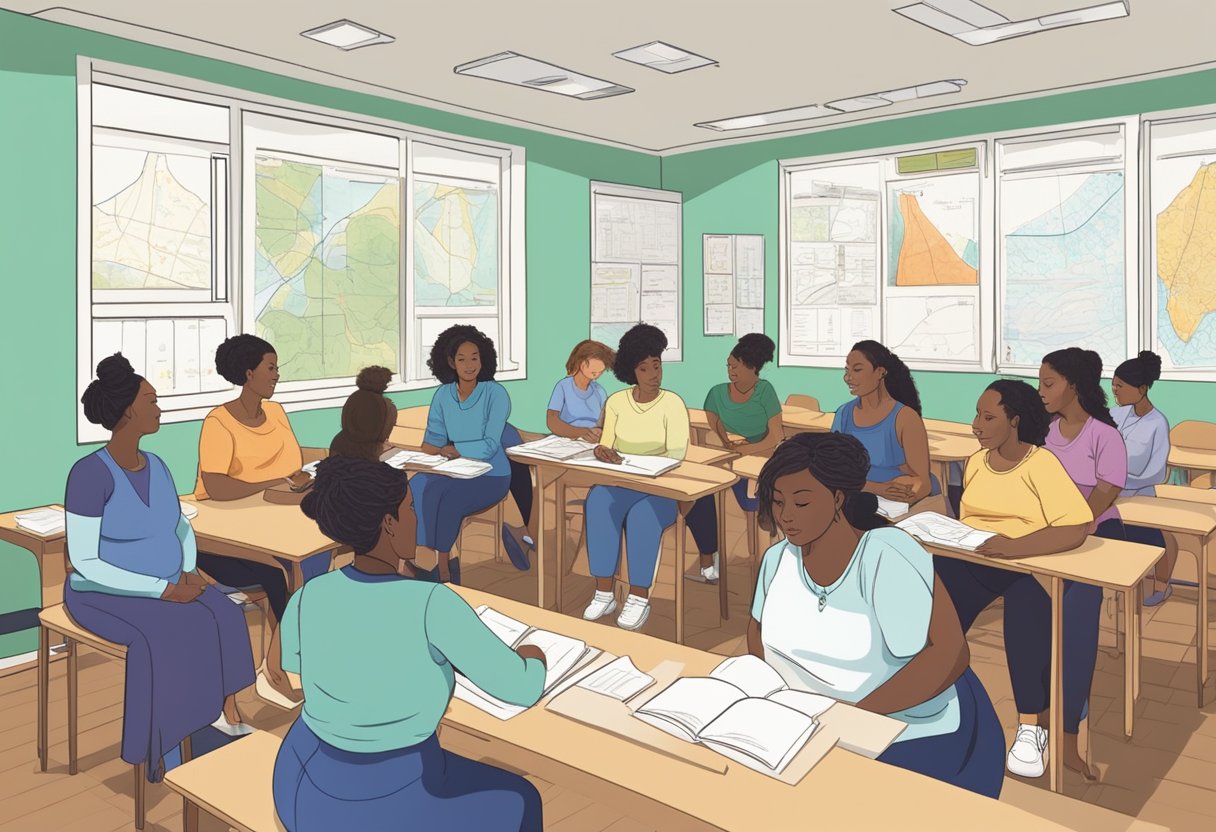 A group of doulas-in-training gather in a bright, spacious classroom, eagerly absorbing knowledge from their instructors. Charts and diagrams adorn the walls, illustrating the intricacies of childbirth and the role of a doula