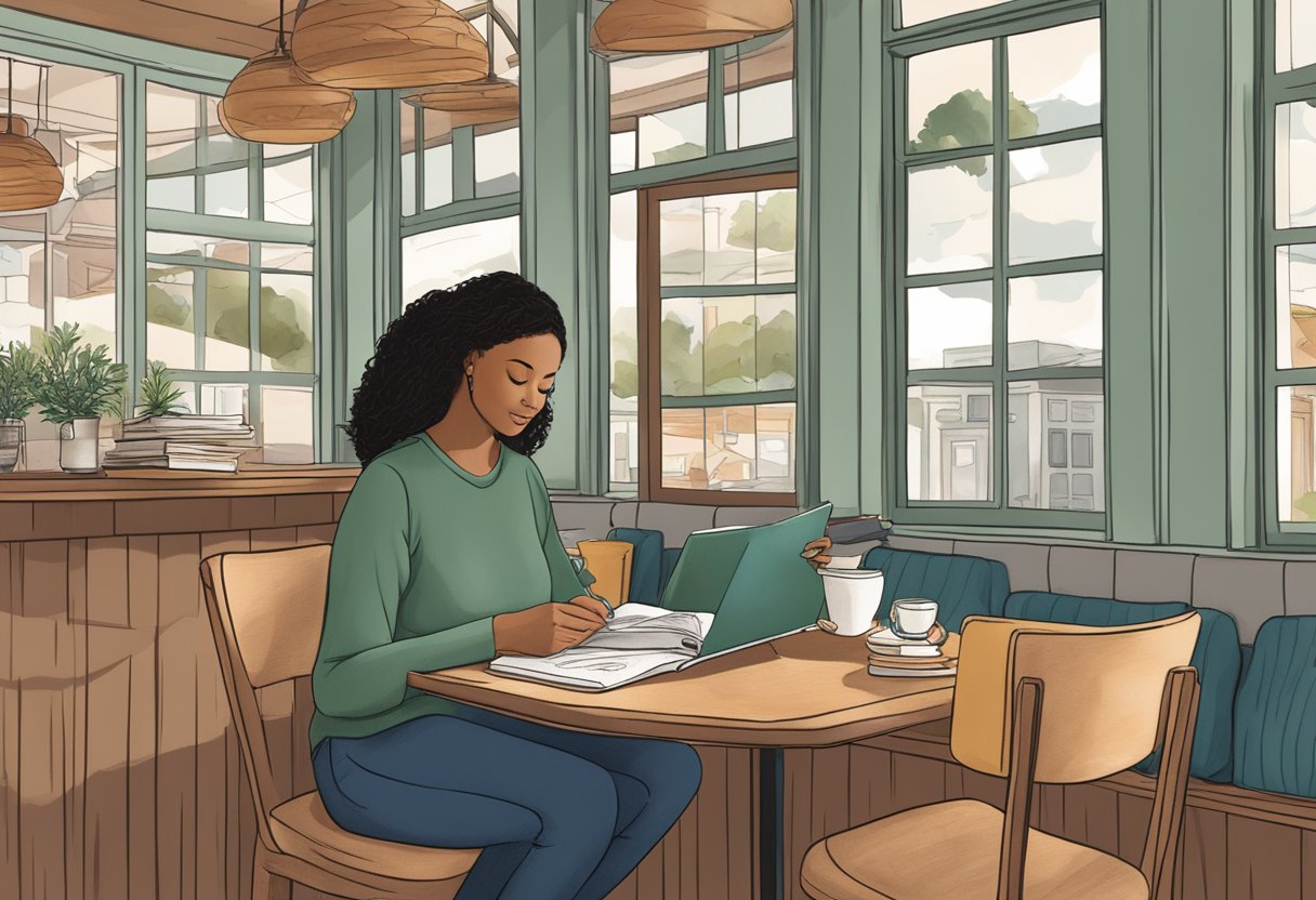 A doula studying a detailed certification guidebook in a cozy New Jersey cafe