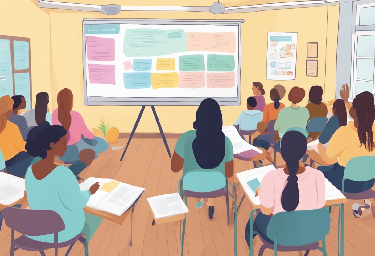 A cozy classroom with a whiteboard and colorful posters, filled with eager students learning about doula training in New Jersey