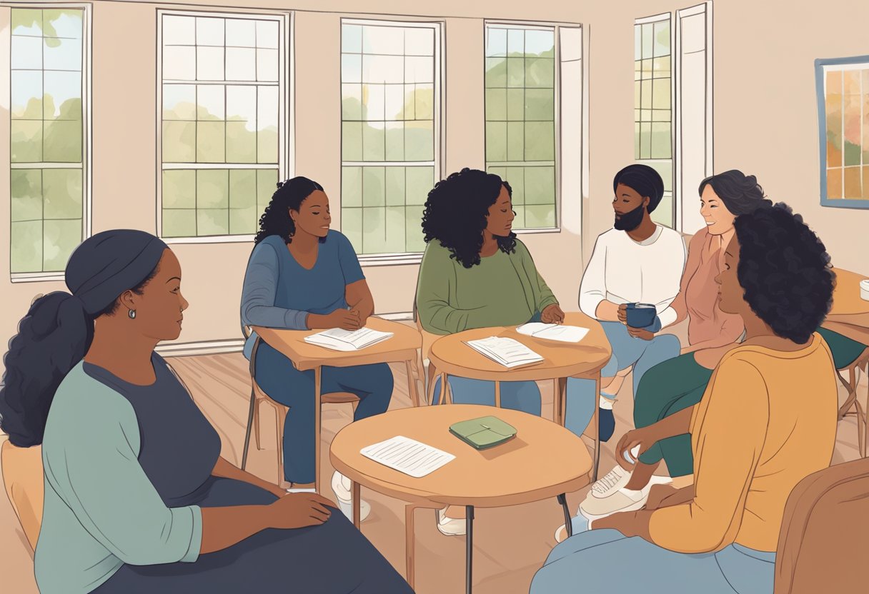 A group of diverse individuals attending a doula certification workshop in a cozy, well-lit classroom setting in New Jersey