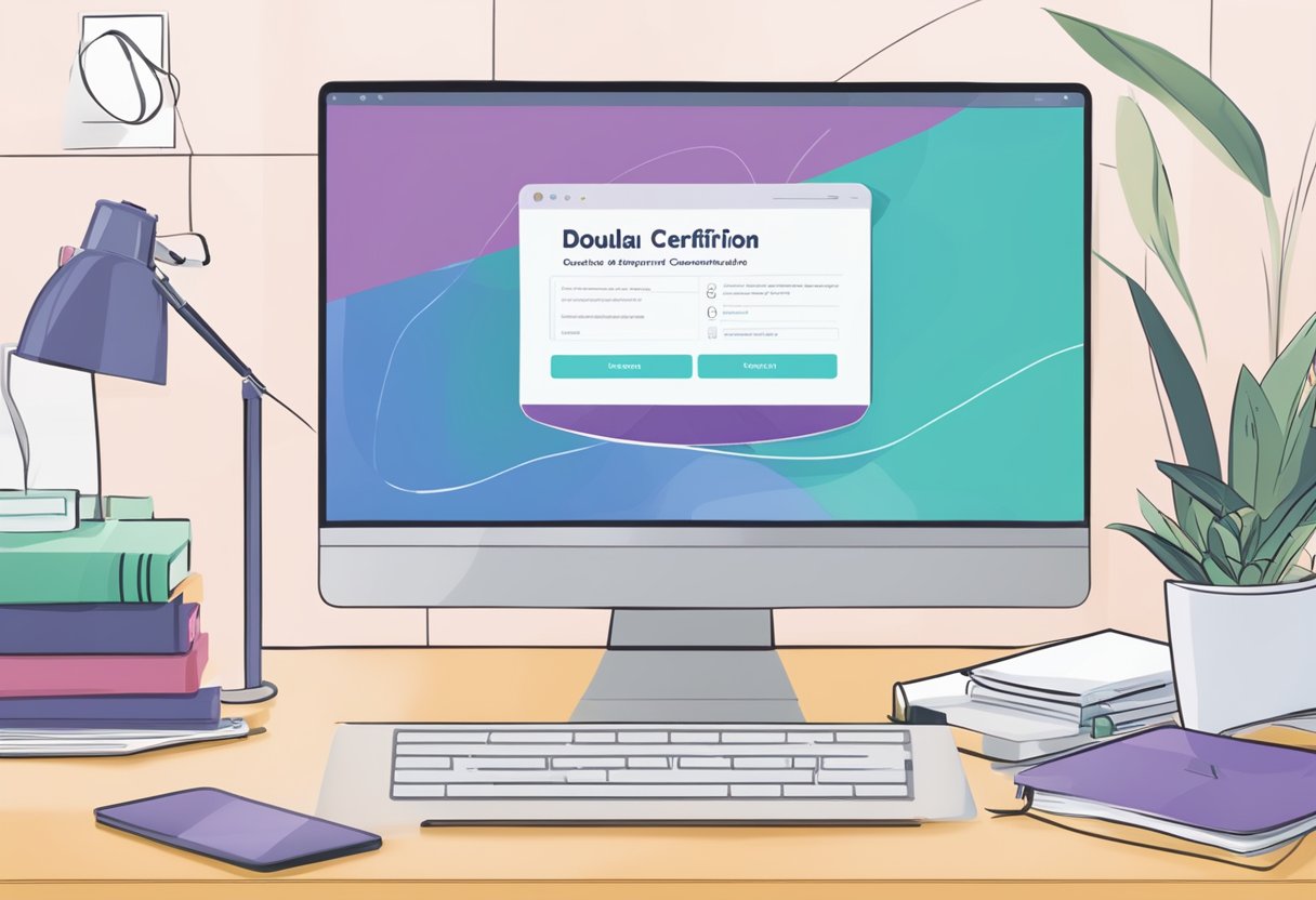 A computer screen displaying various online doula certification programs with a New Jersey background