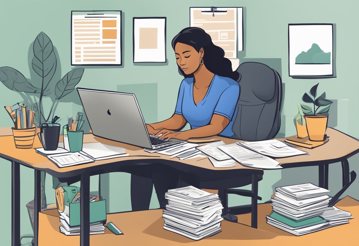 A doula sitting at a desk, surrounded by paperwork and a laptop, calculating fees and salary breakdown for their services in New Jersey