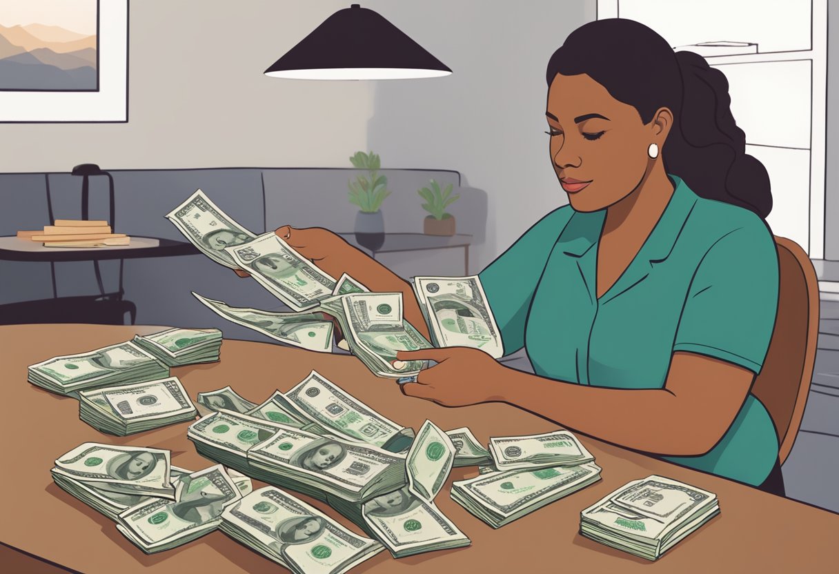 A doula in New Jersey counting money and looking at a chart of salary and fees