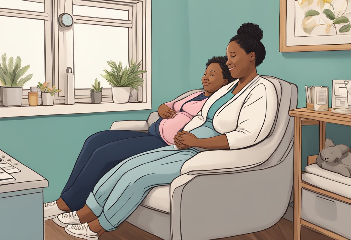 A midwife and a doula sitting together in a cozy New Jersey birthing center, discussing their respective roles and responsibilities