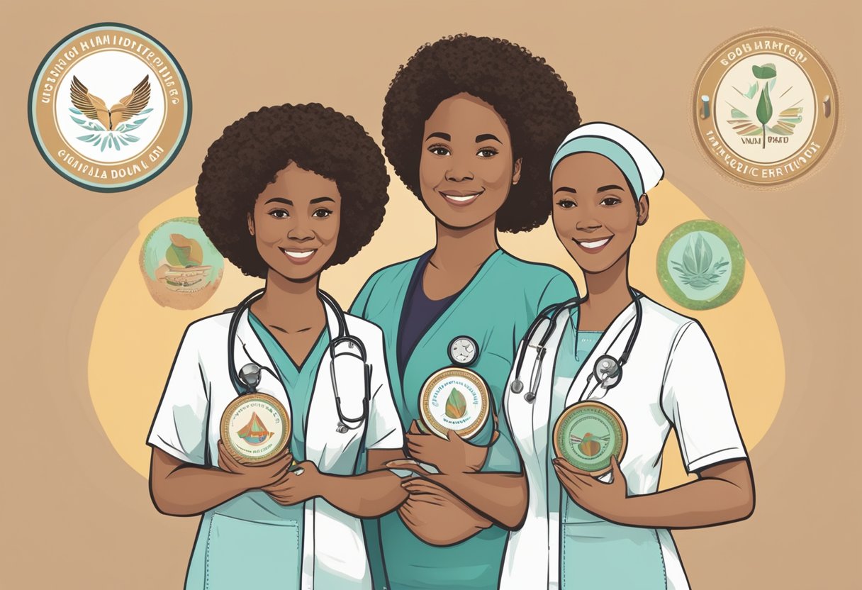 A doula and a midwife standing side by side, each holding their respective certification badges. The doula is holding a birthing ball, while the midwife is holding a stethoscope