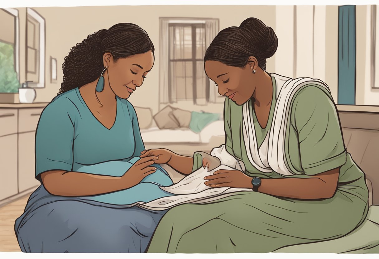 A doula and midwife in New Jersey discussing their roles in a cozy birthing center. The doula provides emotional support, while the midwife focuses on medical care