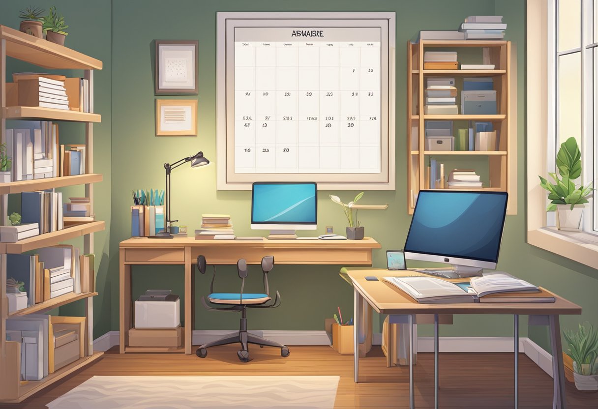 A cozy home office with a desk, computer, phone, and paperwork. A calendar on the wall displays appointments. A stack of baby books sits on a shelf