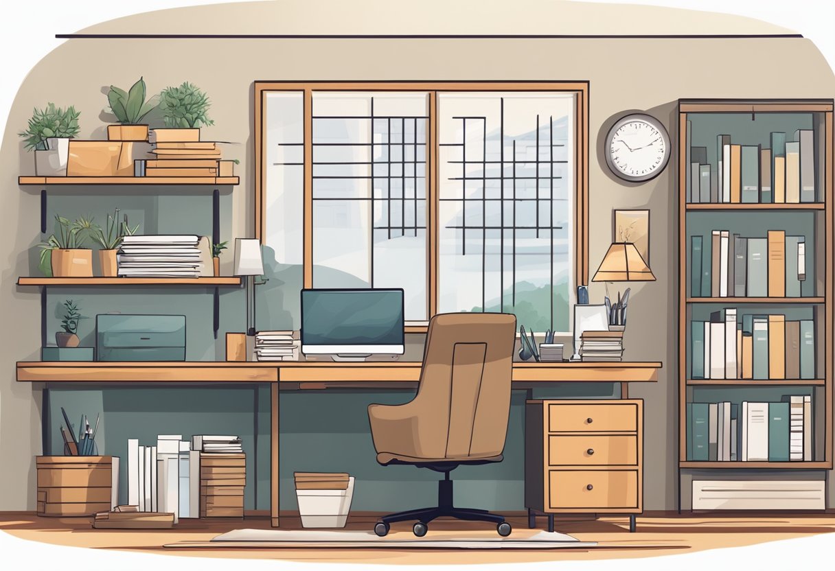 A cozy home office with a desk, computer, and phone. A calendar with important dates and a stack of paperwork. A serene, organized space