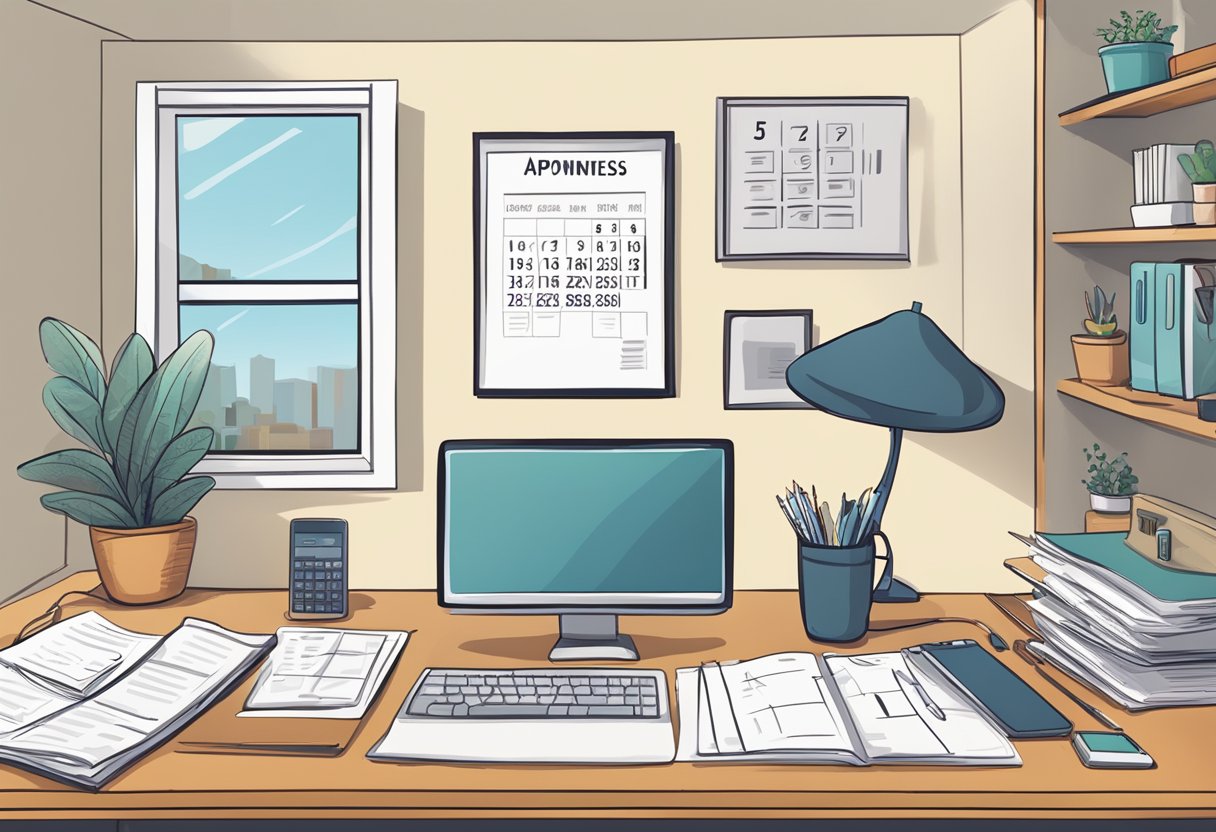 A cozy office space with a desk, computer, and phone. A calendar on the wall shows appointments. A stack of paperwork and a business license are visible on the desk