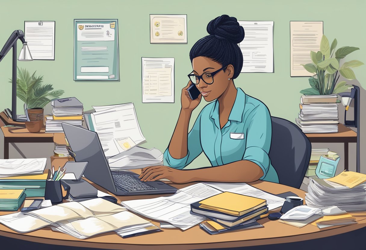 A doula sitting at a desk, surrounded by paperwork and certification materials, with a computer and phone nearby