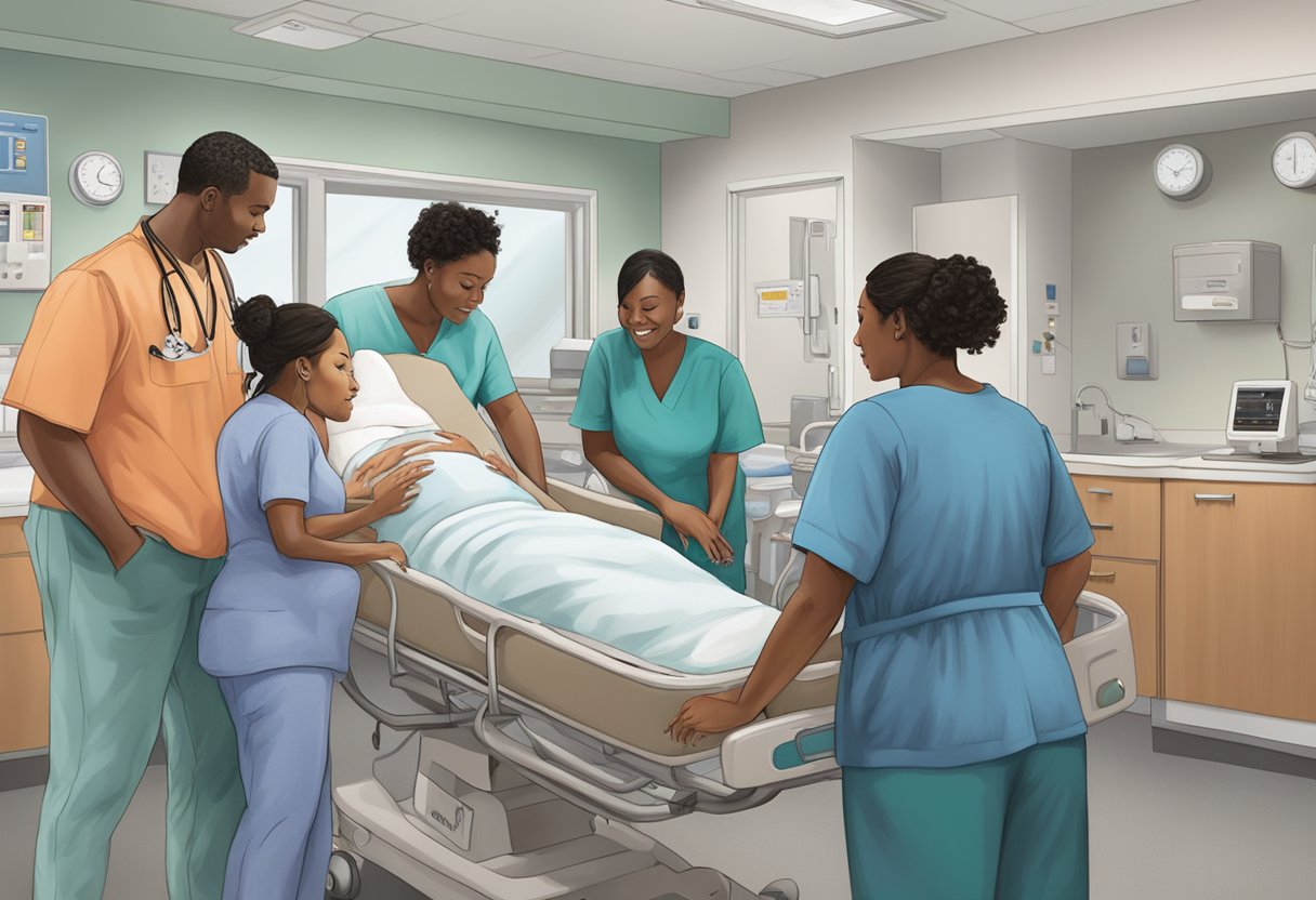 A doula guiding a pregnant woman through labor, surrounded by medical professionals in a New Jersey hospital