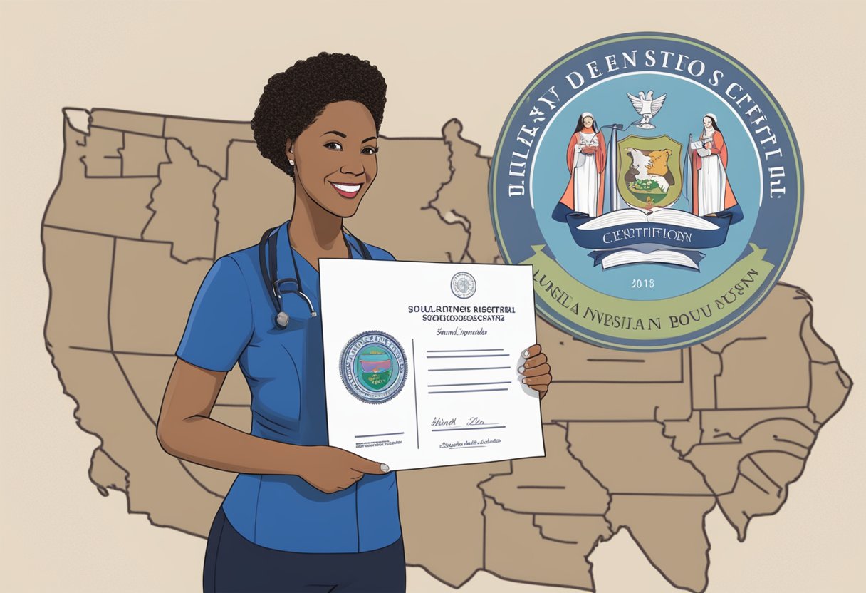 A doula holding a certification document with a New Jersey state seal in the background