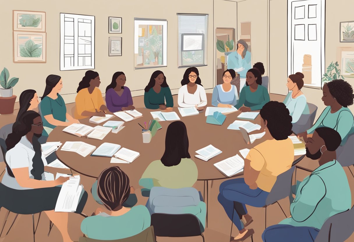 A doula attending a certification workshop in New Jersey, surrounded by educational materials and engaged in group discussions with other aspiring doulas