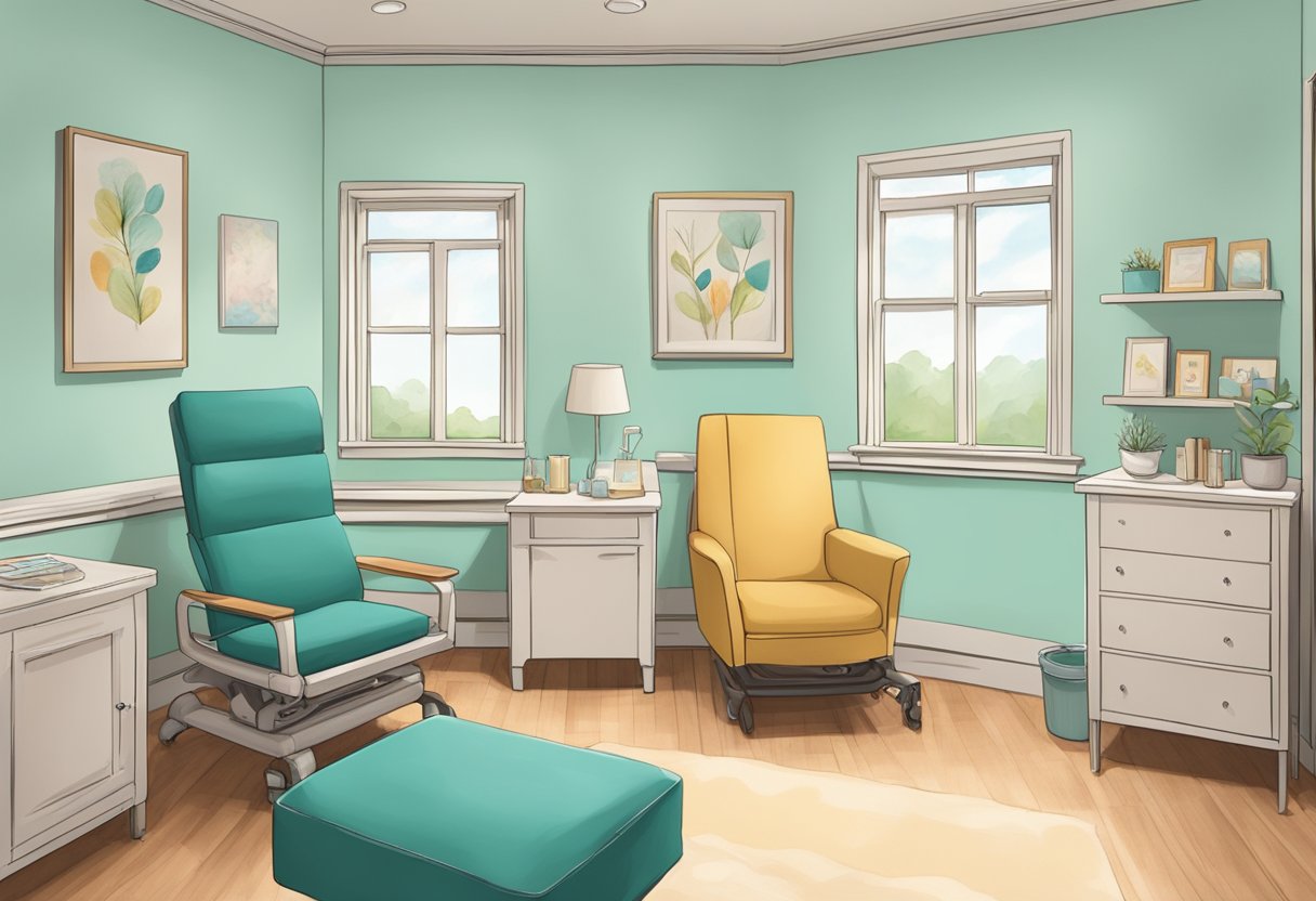 A serene birthing room with a cozy chair for postpartum doula support, and a vibrant delivery room for birth doula assistance, both set in a New Jersey hospital