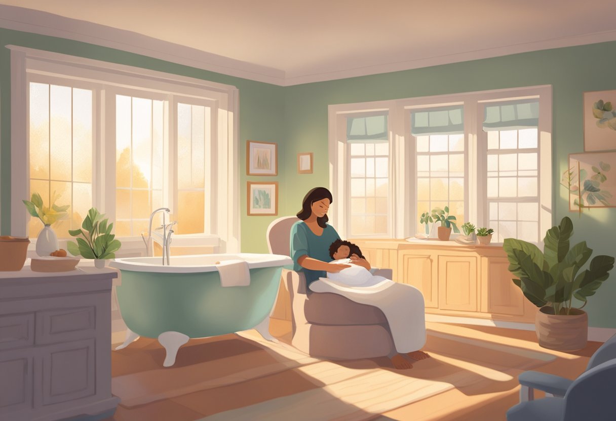 A serene, sunlit room with a comfortable birthing tub, cozy seating, and soft lighting. A postpartum doula offers support to a new mother while a birth doula assists a laboring woman