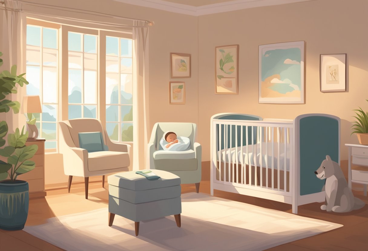 A serene, sunlit room with a comfortable chair and soft lighting. A newborn baby sleeps peacefully in a bassinet while a doula offers gentle support to a new mother