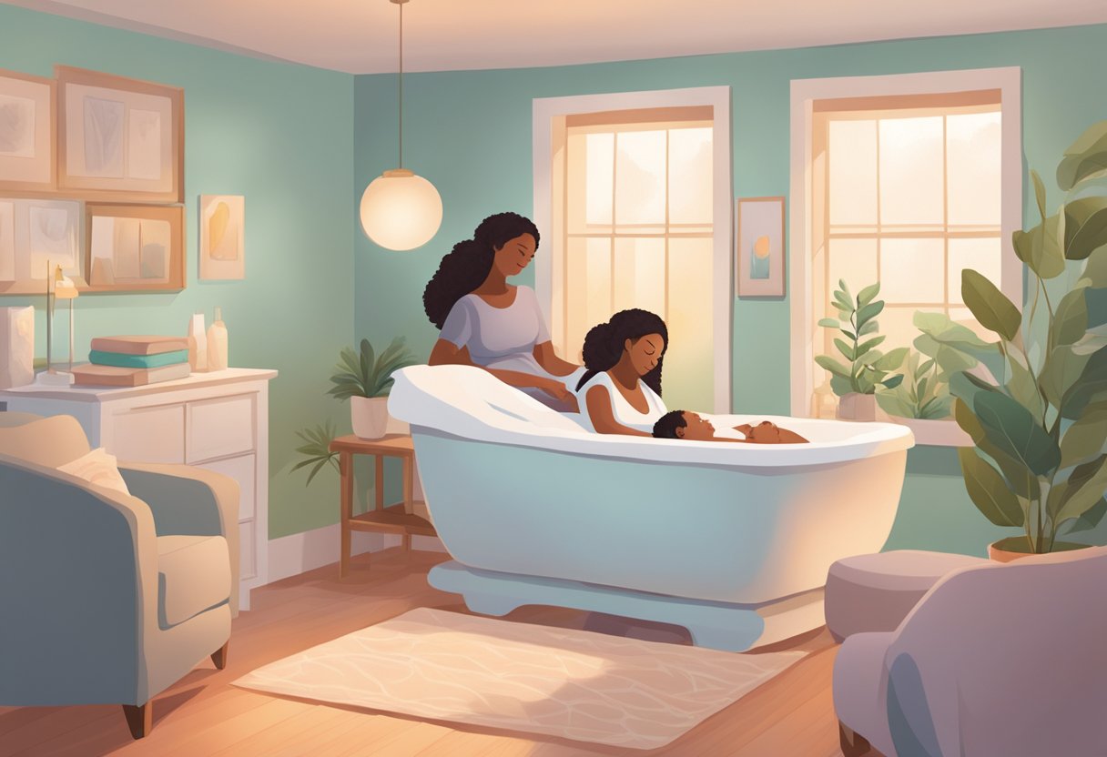 A serene birthing room with a comfortable birthing tub, soft lighting, and a supportive doula assisting a laboring mother