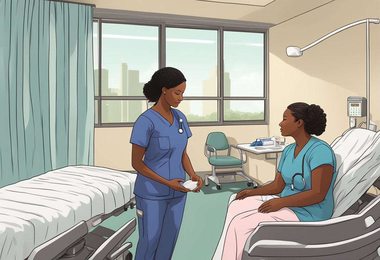 A doula comforting a laboring woman in a New Jersey hospital room